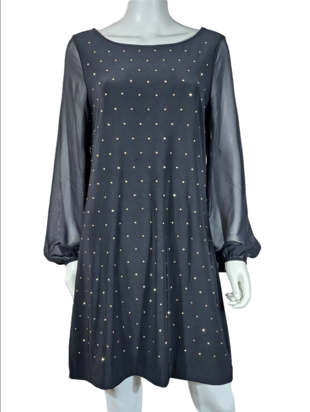 White House Black Market Sheer Long Sleeve Gold Studded Shift Cocktail Dress - Picture 4 of 15